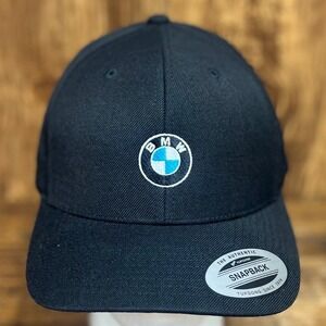 BMW Logo Snapback Hat Black Wool Sport-Tek Flat Brim Adjustable Racing Car Gear